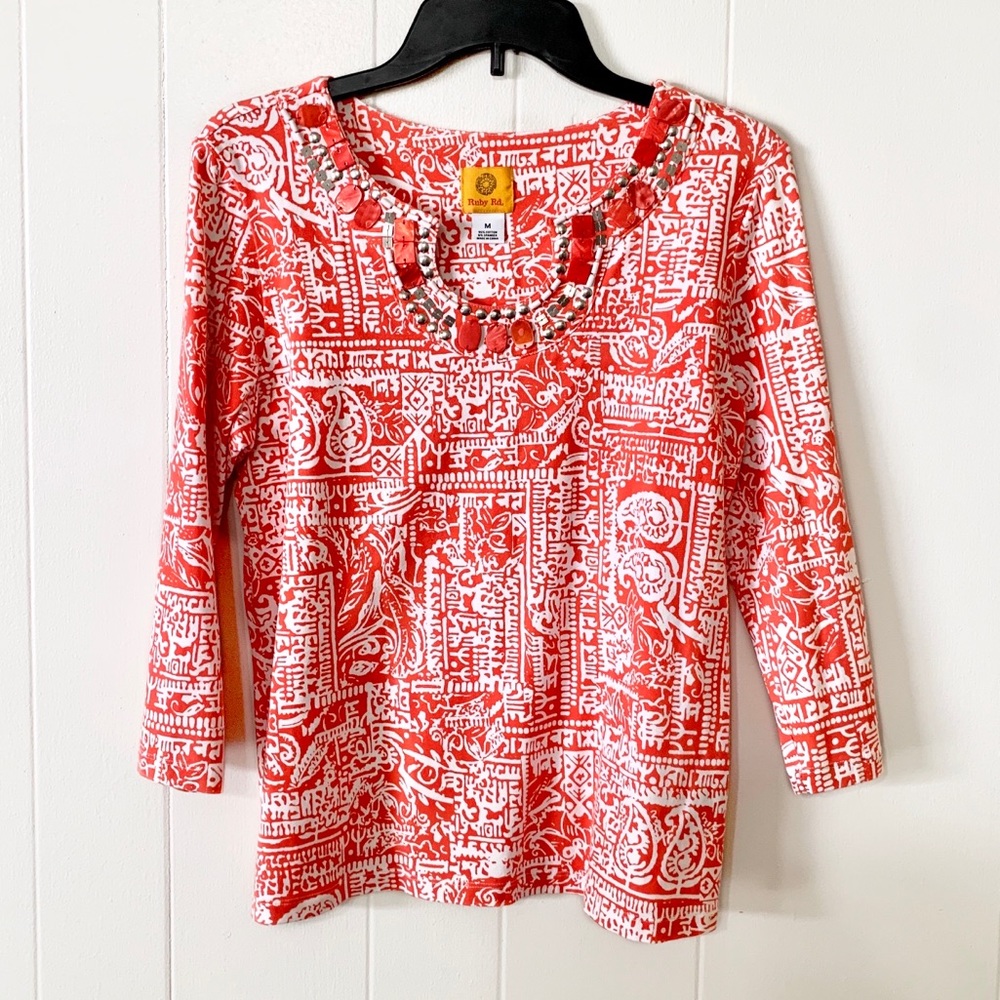 Ruby Rd coral white pattern embellished top medium
